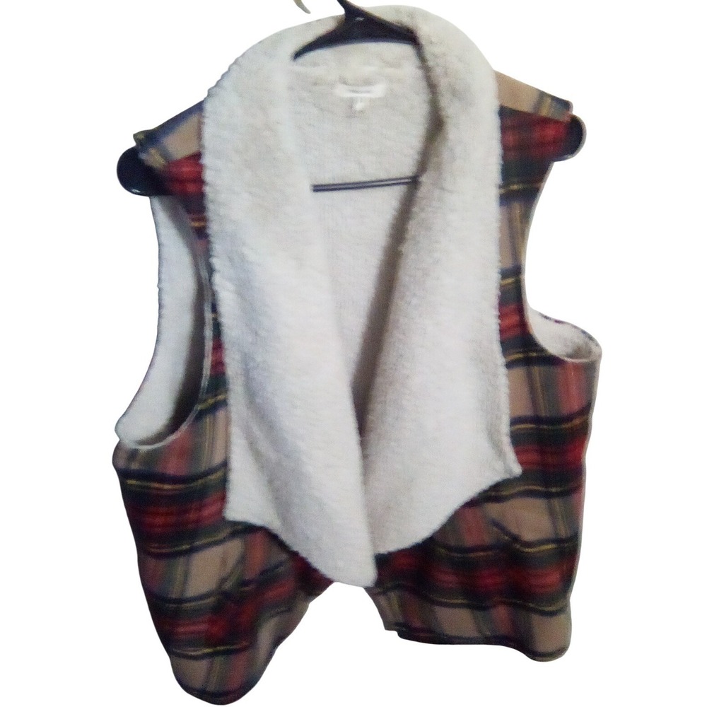 Maurices Womens Plaid Sherpa Lined Draped Waterfall Vest Tan Red Navy XXL - Picture 5 of 8